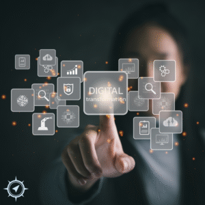 CHICA CON PANEL DIGITAL DE APLICACIONES EN LA NUBE